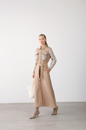 Wholesale Premimum Cotton Mesh Detailed Belted Maxi Dress – Beige