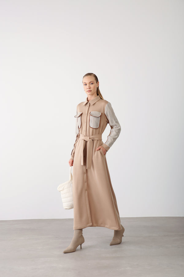 Wholesale Premimum Cotton Mesh Detailed Belted Maxi Dress – Beige