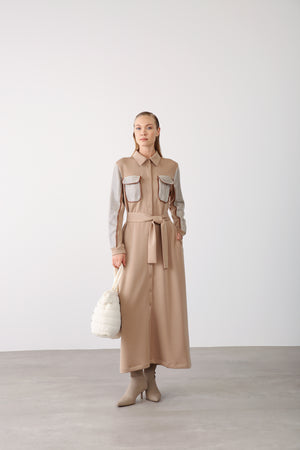 Wholesale Premimum Cotton Mesh Detailed Belted Maxi Dress – Beige