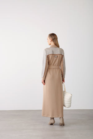 Wholesale Premimum Cotton Mesh Detailed Belted Maxi Dress – Beige