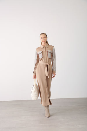 Wholesale Premimum Cotton Mesh Detailed Belted Maxi Dress – Beige