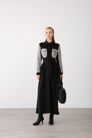 Wholesale Premimum Cotton Mesh Detailed Belted Maxi Dress – Black