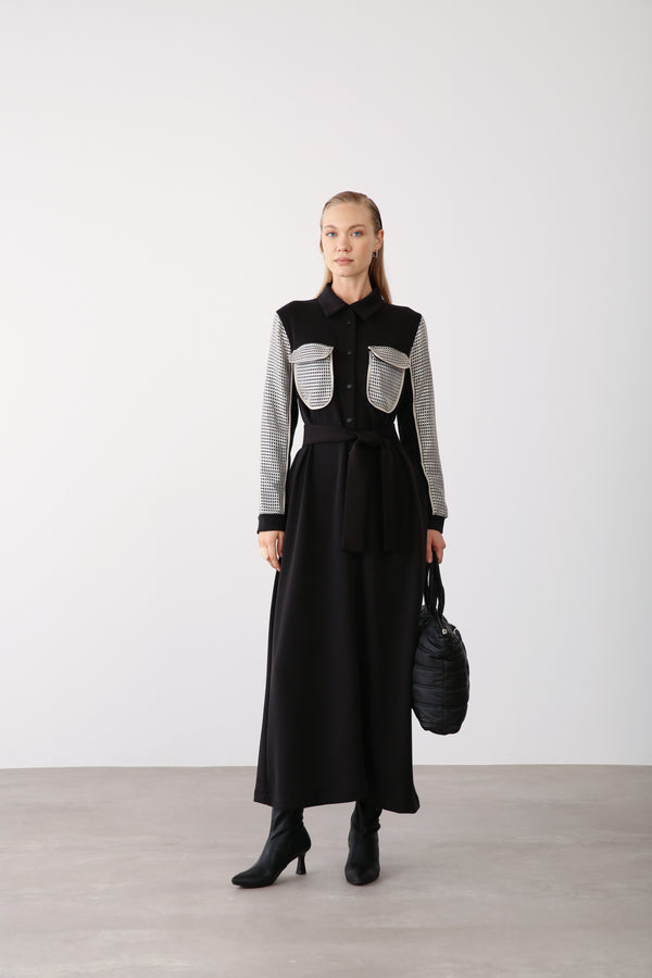 Wholesale Premimum Cotton Mesh Detailed Belted Maxi Dress – Black