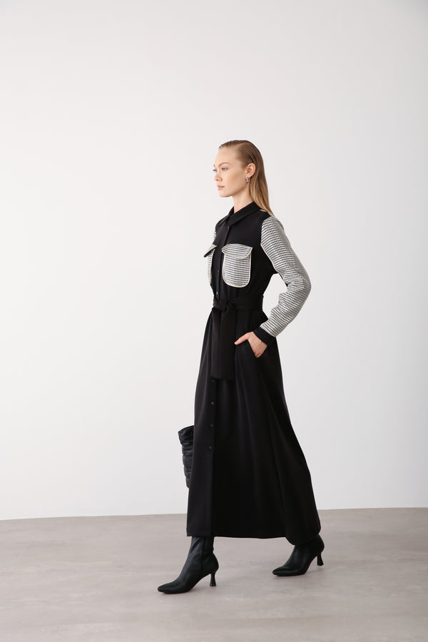Wholesale Premimum Cotton Mesh Detailed Belted Maxi Dress – Black