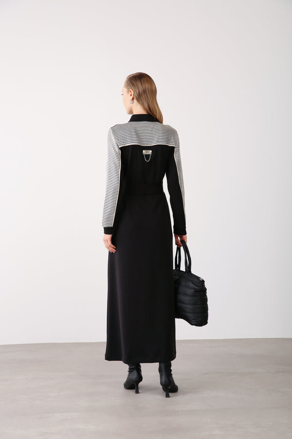 Wholesale Premimum Cotton Mesh Detailed Belted Maxi Dress – Black