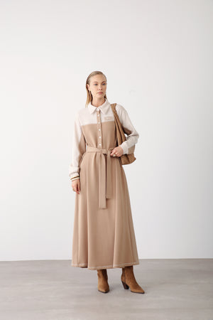 Wholesale Premium Cotton Fabric Contrast Detailed Belted Dress - Camel