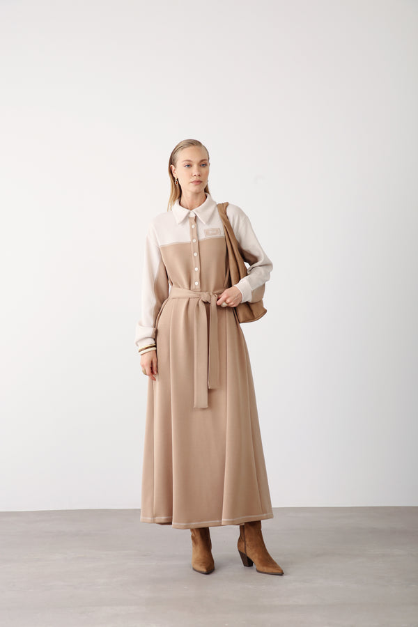 Wholesale Premium Cotton Fabric Contrast Detailed Belted Dress - Camel