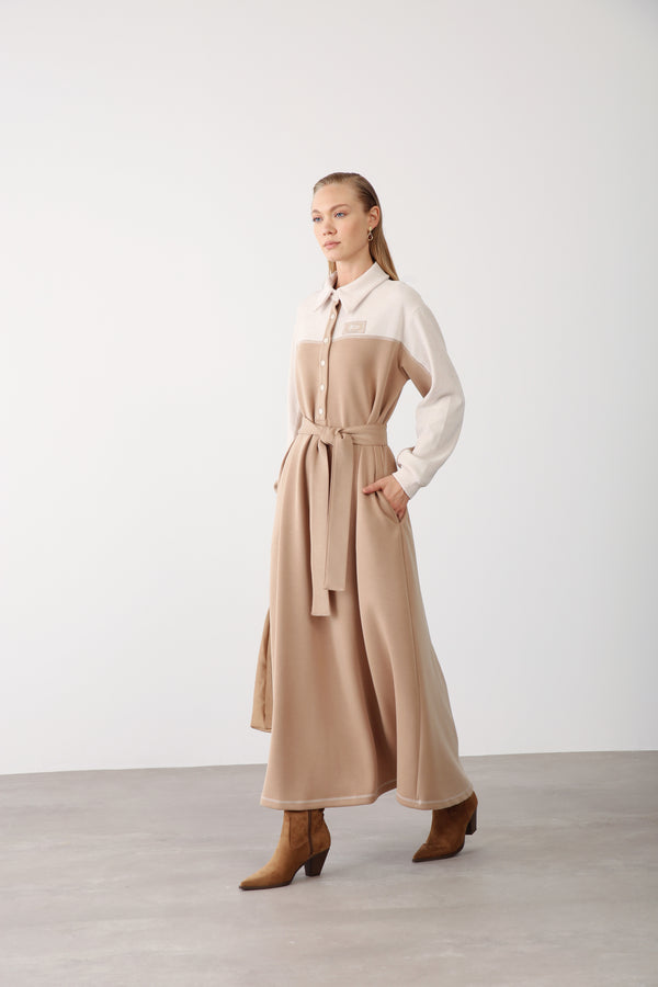 Wholesale Premium Cotton Fabric Contrast Detailed Belted Dress - Camel