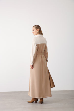 Wholesale Premium Cotton Fabric Contrast Detailed Belted Dress - Camel
