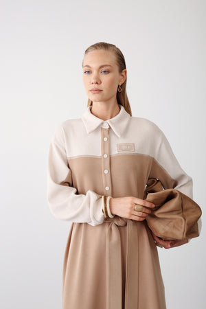 Wholesale Premium Cotton Fabric Contrast Detailed Belted Dress - Camel