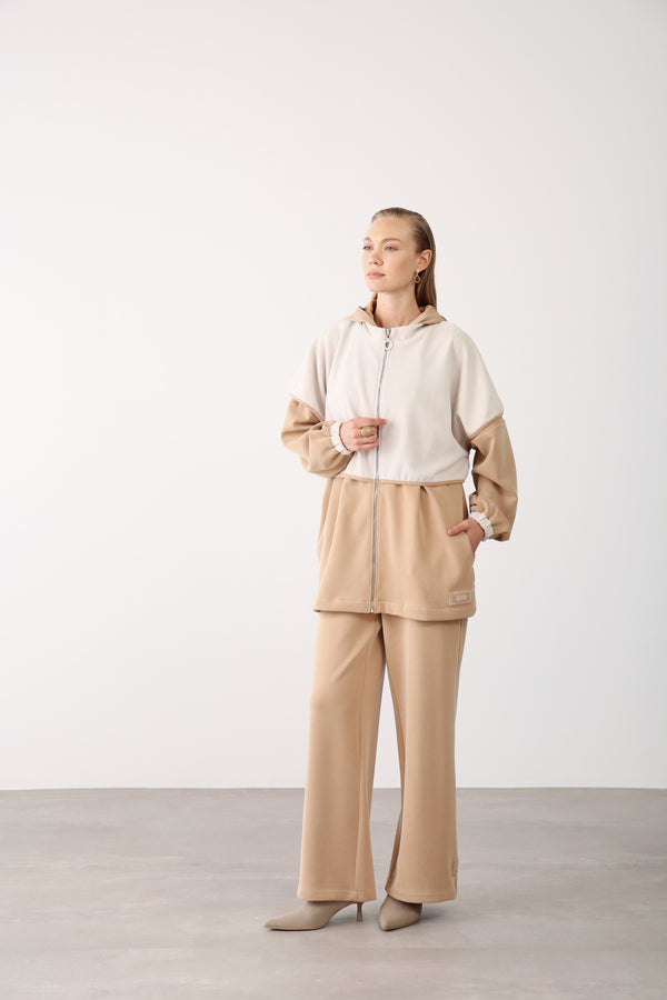 Wholesale Oysho Two-Tone Zip-Up Hooded Jacket - Camel