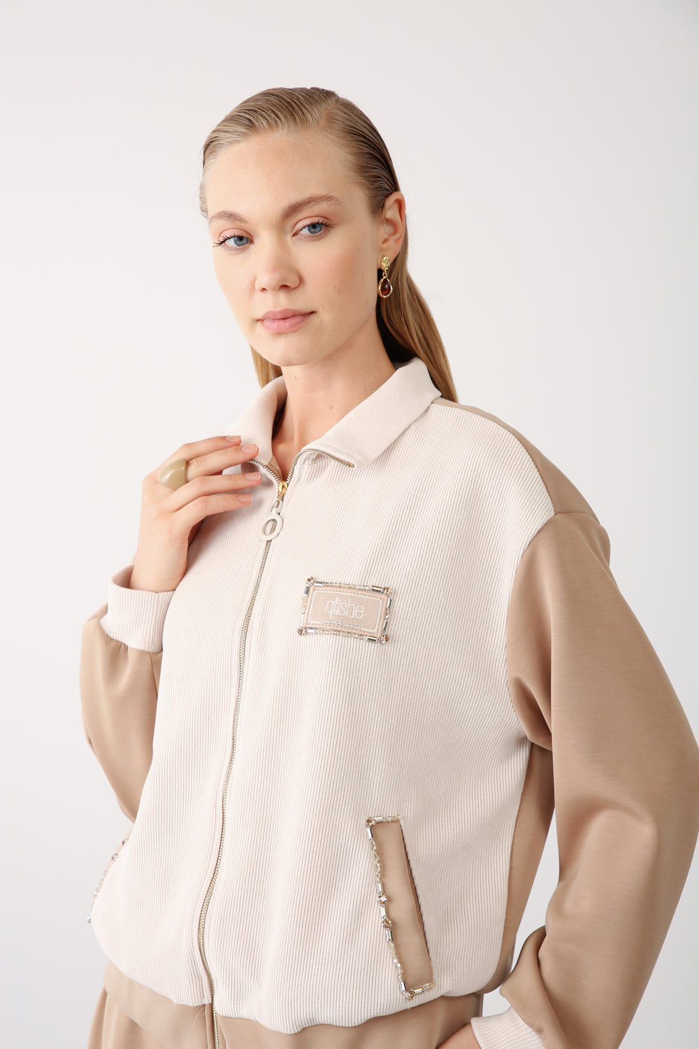 Wholesale Oysho Fabric Rhinestone Trim Zipper Jacket – Camel