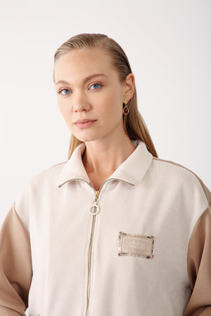 Wholesale Oysho Fabric Rhinestone Trim Zipper Jacket – Camel