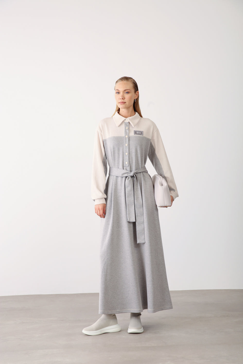 Wholesale Premium Cotton Fabric Contrast Detailed Belted Dress - Gray Melange
