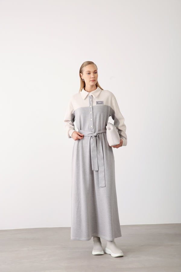 Wholesale Premium Cotton Fabric Contrast Detailed Belted Dress - Gray Melange