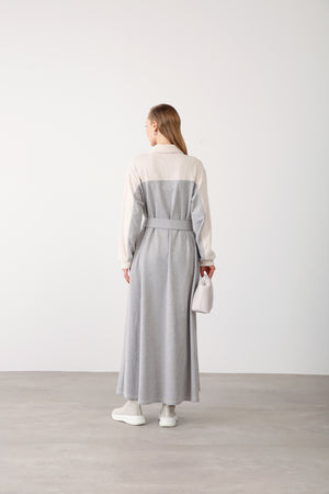 Wholesale Premium Cotton Fabric Contrast Detailed Belted Dress - Gray Melange