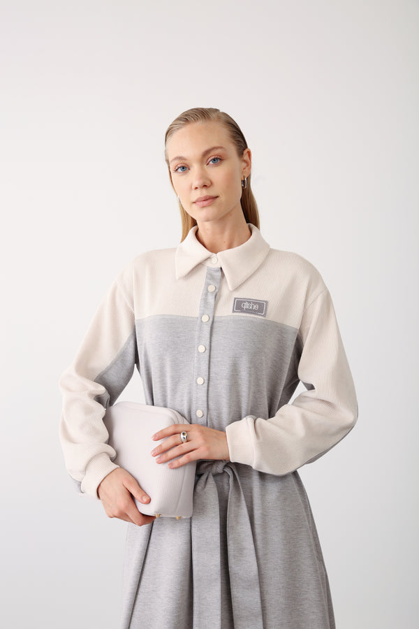 Wholesale Premium Cotton Fabric Contrast Detailed Belted Dress - Gray Melange