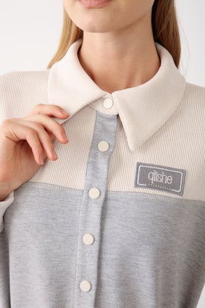 Wholesale Premium Cotton Fabric Contrast Detailed Belted Dress - Gray Melange