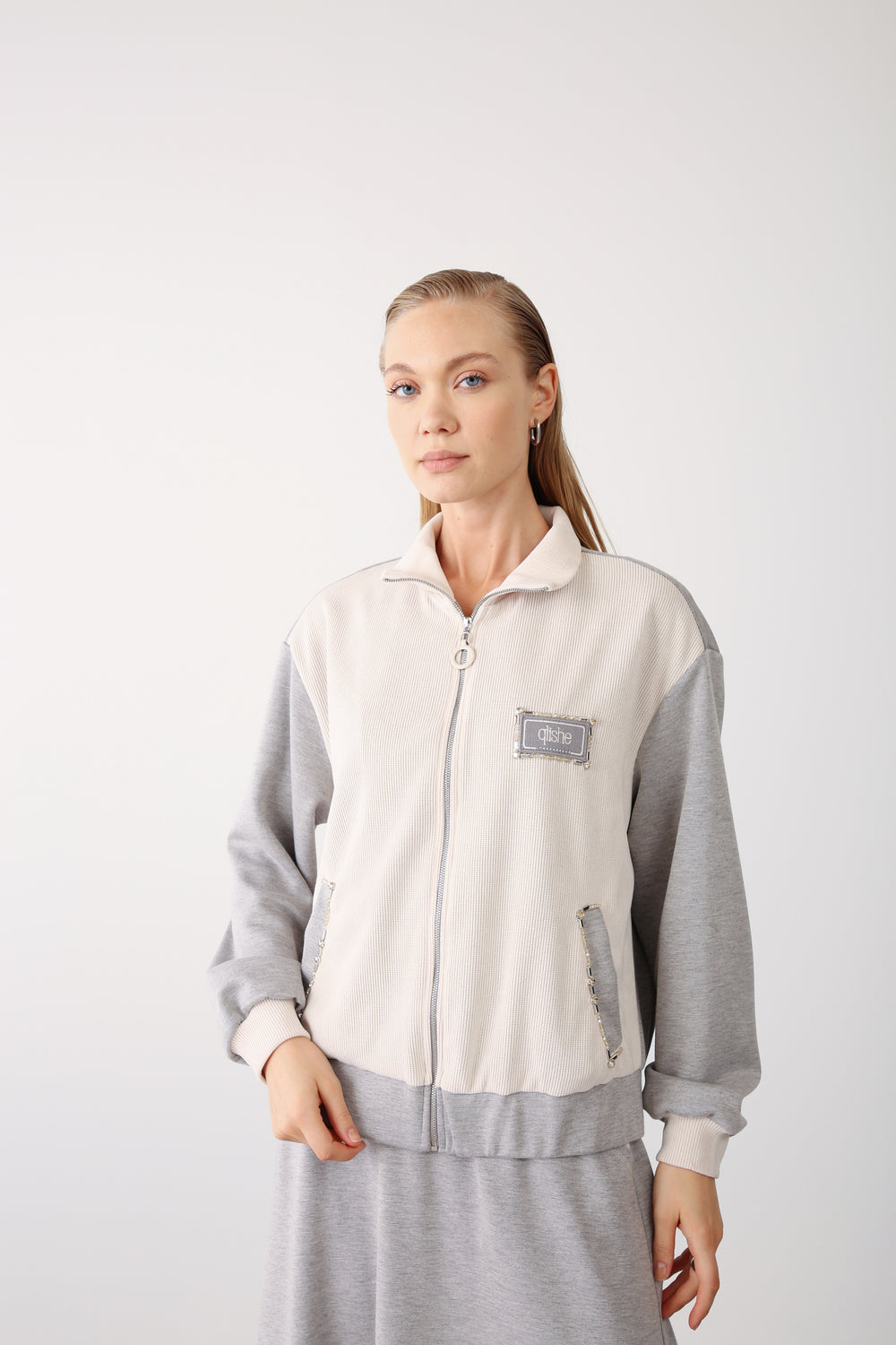 Wholesale Oysho Fabric Rhinestone Trim Zipper Jacket – Grey Melange