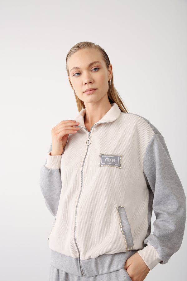 Wholesale Oysho Fabric Rhinestone Trim Zipper Jacket – Grey Melange