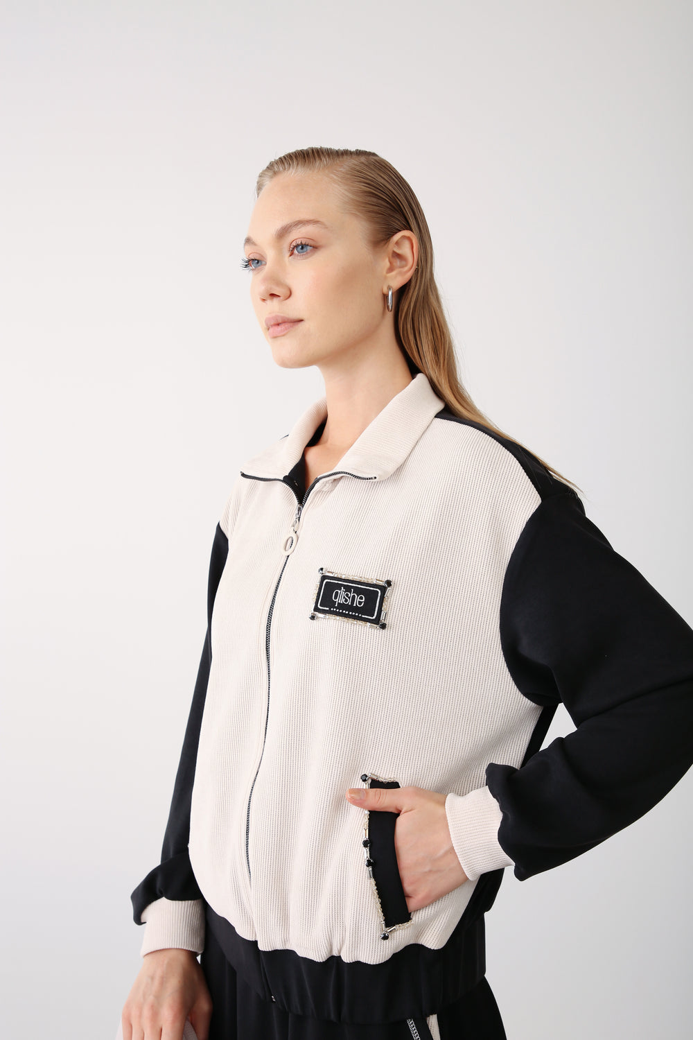 Wholesale Oysho Fabric Rhinestone Trim Zipper Jacket – Black