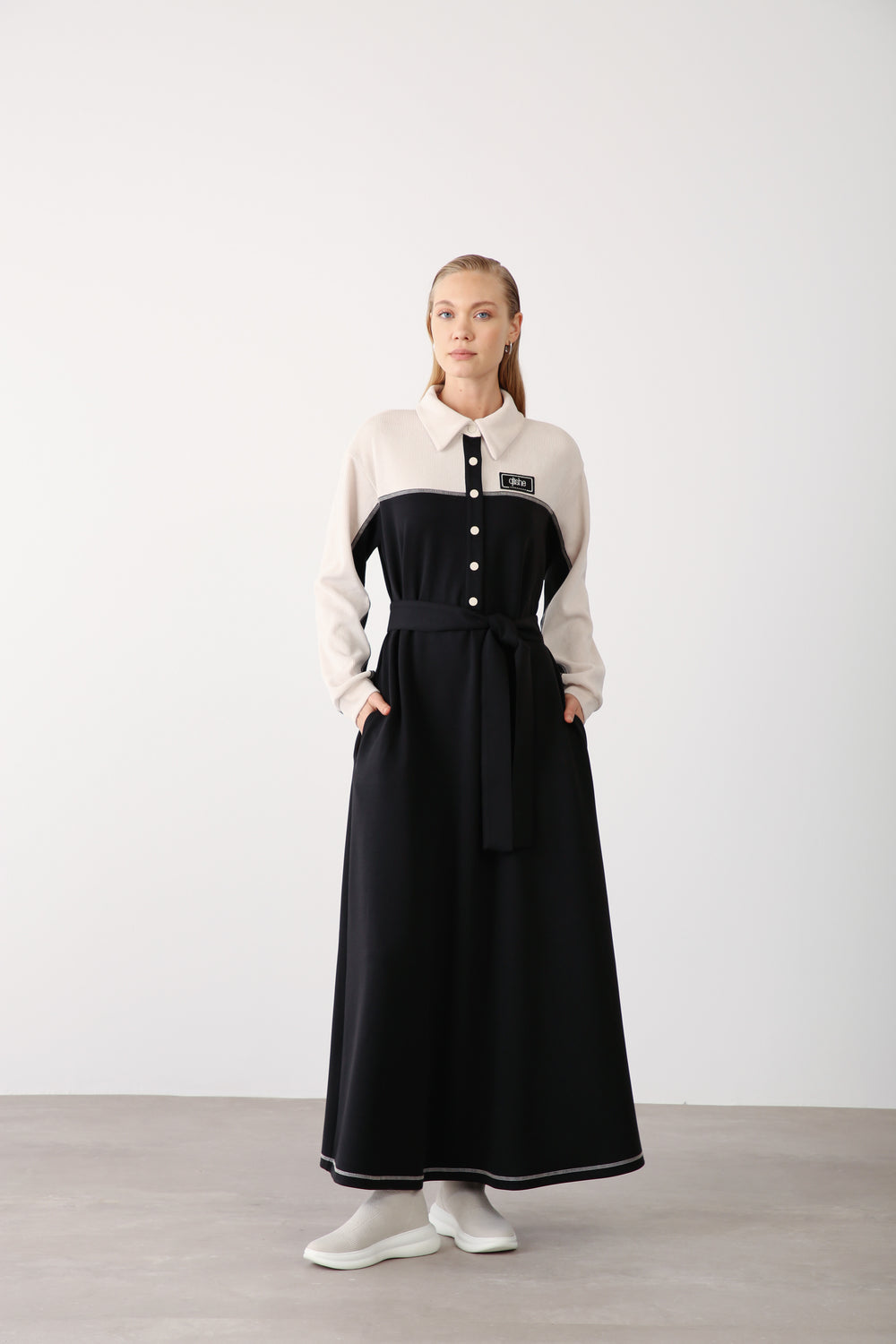Wholesale Premium Cotton Fabric Contrast Detailed Belted Dress - Black