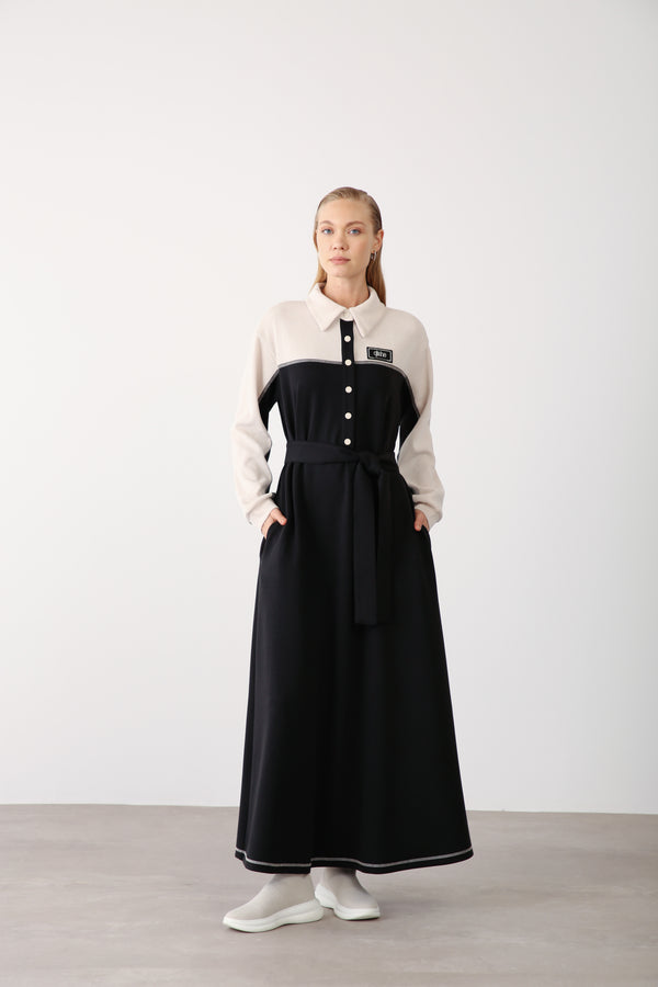 Wholesale Premium Cotton Fabric Contrast Detailed Belted Dress - Black