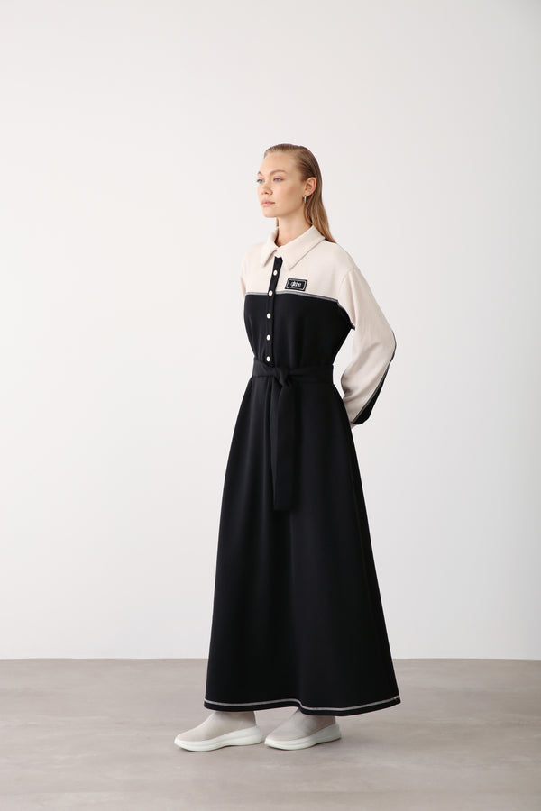 Wholesale Premium Cotton Fabric Contrast Detailed Belted Dress - Black