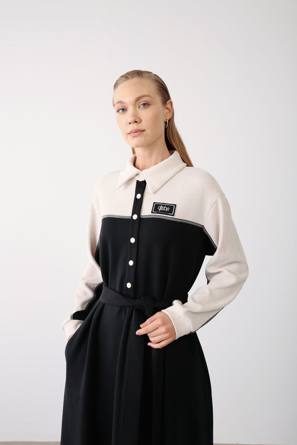Wholesale Premium Cotton Fabric Contrast Detailed Belted Dress - Black