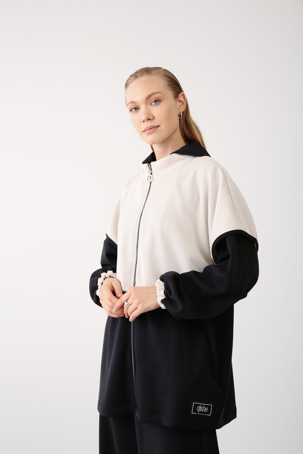 Wholesale Oysho Two-Tone Zip-Up Hooded Jacket - Black