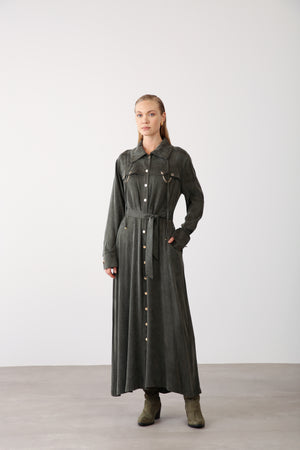 Wholesale Cupra Fabric Chain Detailed Belted Dress - Khaki