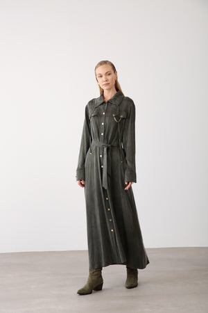 Wholesale Cupra Fabric Chain Detailed Belted Dress - Khaki