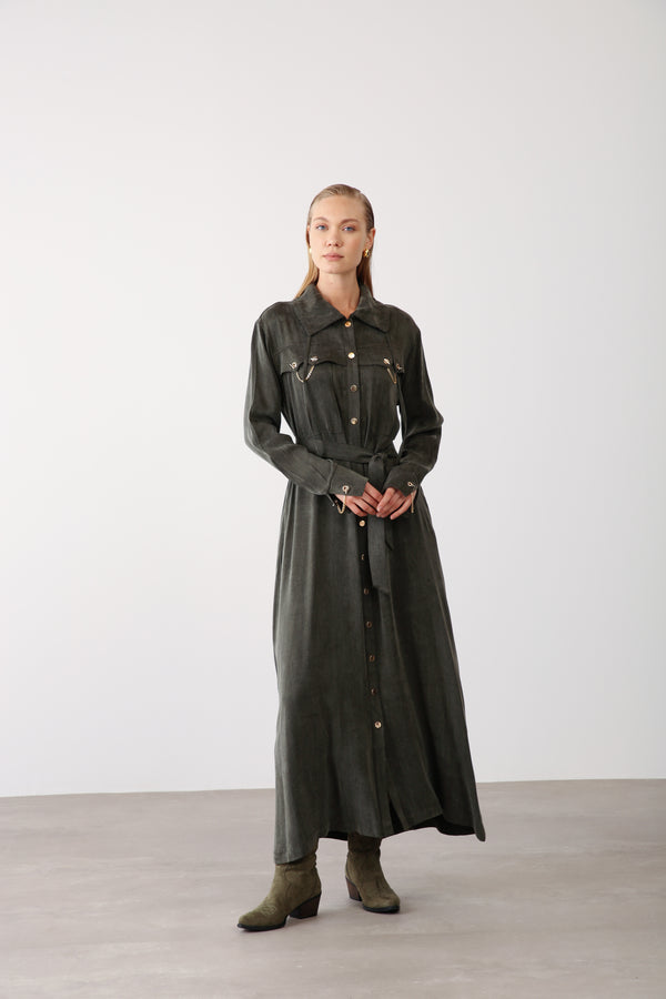 Wholesale Cupra Fabric Chain Detailed Belted Dress - Khaki