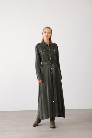 Wholesale Cupra Fabric Chain Detailed Belted Dress - Khaki