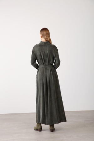 Wholesale Cupra Fabric Chain Detailed Belted Dress - Khaki