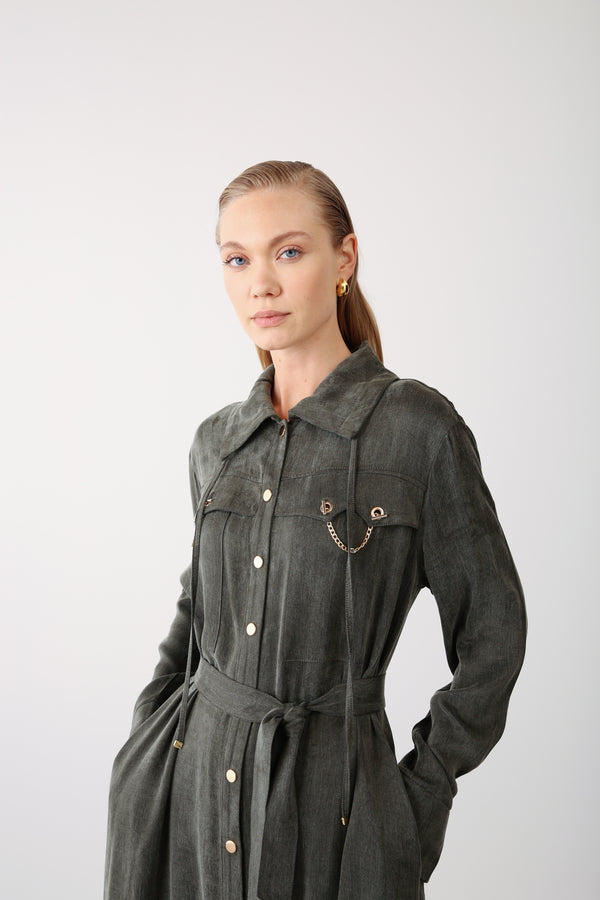Wholesale Cupra Fabric Chain Detailed Belted Dress - Khaki
