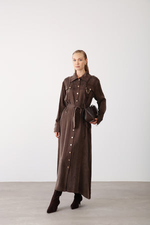 Wholesale Cupra Fabric Chain Detailed Belted Dress - Brown