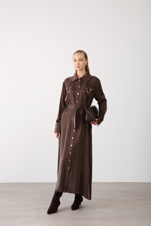 Wholesale Cupra Fabric Chain Detailed Belted Dress - Brown