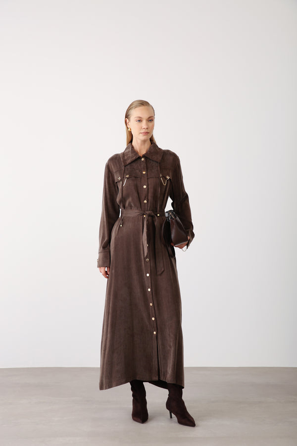 Wholesale Cupra Fabric Chain Detailed Belted Dress - Brown