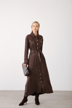 Wholesale Cupra Fabric Chain Detailed Belted Dress - Brown
