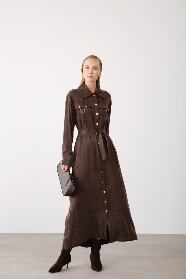 Wholesale Cupra Fabric Chain Detailed Belted Dress - Brown