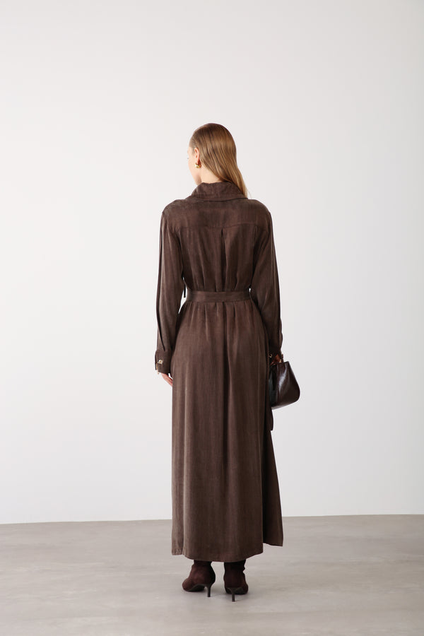 Wholesale Cupra Fabric Chain Detailed Belted Dress - Brown