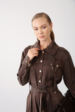 Wholesale Cupra Fabric Chain Detailed Belted Dress - Brown