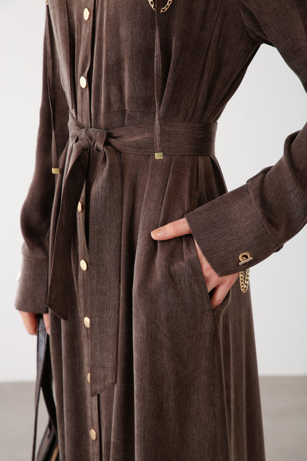 Wholesale Cupra Fabric Chain Detailed Belted Dress - Brown