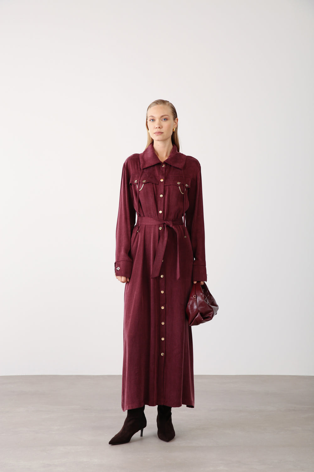 Wholesale Cupra Fabric Chain Detailed Belted Dress - Burgundy
