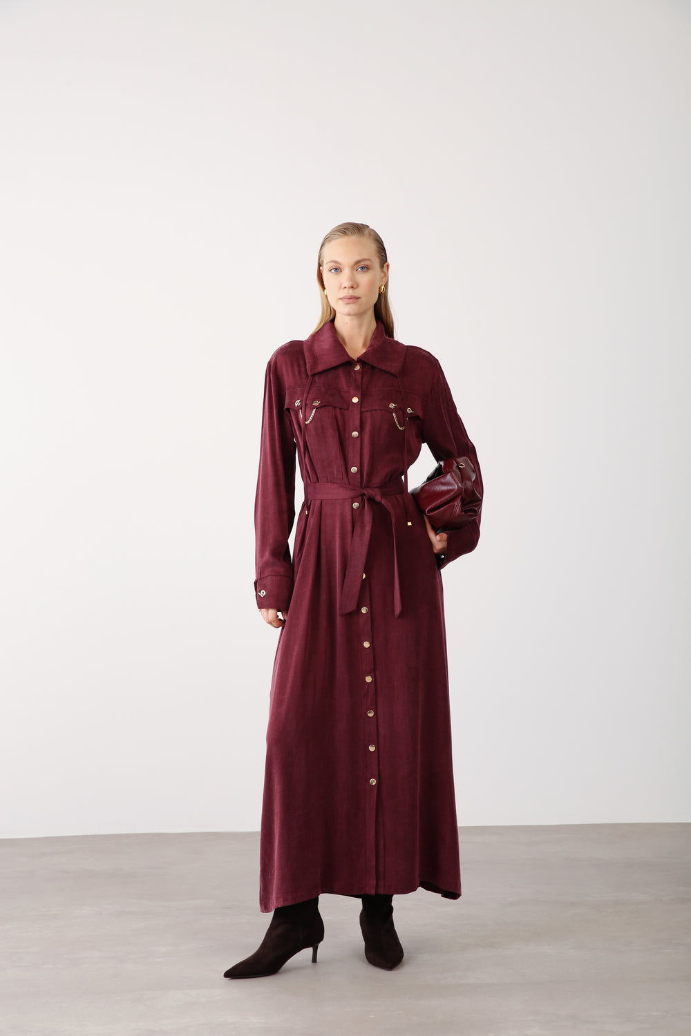 Wholesale Cupra Fabric Chain Detailed Belted Dress - Burgundy