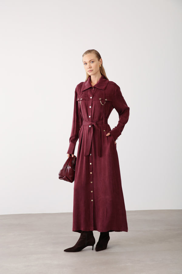Wholesale Cupra Fabric Chain Detailed Belted Dress - Burgundy