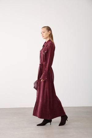 Wholesale Cupra Fabric Chain Detailed Belted Dress - Burgundy