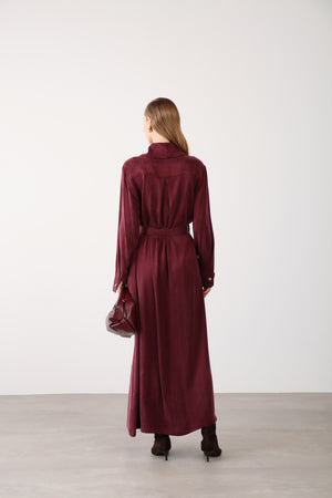 Wholesale Cupra Fabric Chain Detailed Belted Dress - Burgundy
