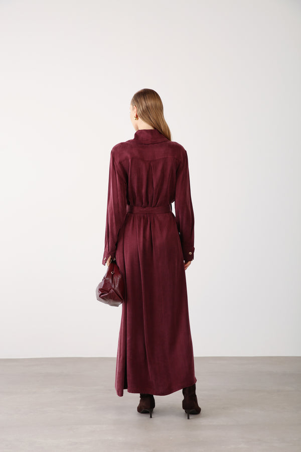 Wholesale Cupra Fabric Chain Detailed Belted Dress - Burgundy
